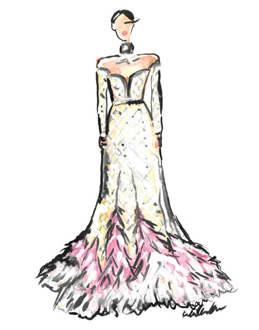 Elie Saab Nude Feather Dress Girl Watercolor Painting
