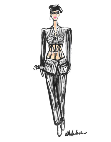 Gaultier Pinstripe Girl Watercolor Painting