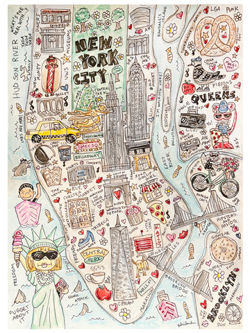 Manhattan Map Anna Glitter Original Watercolor Painting- Collector's Edition