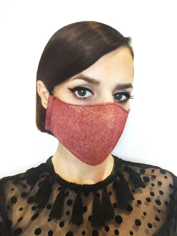 Metallic Golden Ruby and Black Cotton Linen Face Mask with Filter Pocket