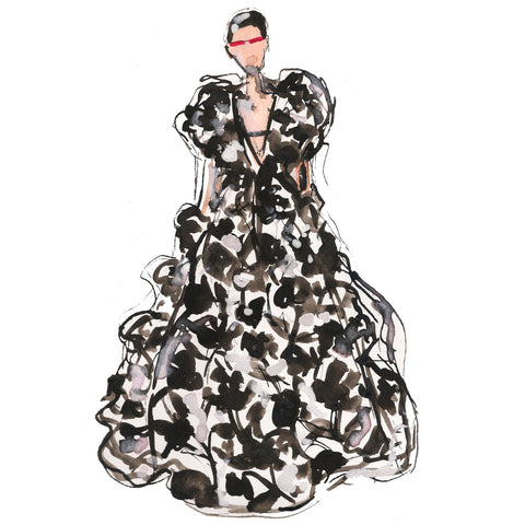 BW Dress Girl Watercolor Painting